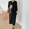 Solid Autumn High Waist Long Sleeve Turn Down Collar Dresses Female Vintage Bottons Mid Calf Knitting Dress Ladies 210514