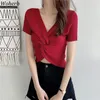 Women Thin Knitted T Shirts Chic Twisted Cross Short Sleeve Tees Summer Korean Slim Fit Pullover Crop Tops 210519