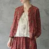 Johnature retro print stand plaat gesp drie kwart mouw cardigan shirt herfst losse comfortabele vrouwen tops shirts 210521