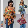 Moda V-Neck Roupas Africanas Notícias Senhoras Sexy Dashiki Impressão Top Oblique Lace Up Bow Nó Strapless Camisas Vestido Para As Mulheres 210408