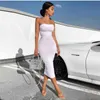 Sexy Women Bodycon Dress Slim Elegant Ruched Maxi Dresses Summer Strapless White Backless 2 Layer Evening Party Dress Women 210630
