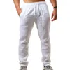 Mens Linen Straight Leg Trousers Elastic Waist Retro Summer Casual Yoga Pants G0104