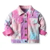 children boys girls long sleeve denim jacket kids tie-dye colorfu coat single-breasted spring broken style 1-7Y ripped 211204