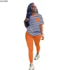 CM.Yaya Sport Kvinnors uppsättning Striped Long Sleeve Tee Toppar Legging Byxor Suit Active Wear TrackSuit Two Piece Set Fitness Outfit 210709