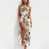 Summer Sexy Bez Rękawów Lace Up Split Długa Dress Boho Floral Print Halter Maxi Dress Retro Bawełna Party Dress Vestidos 210518