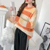 Pull Femme Nouveaute Färgglada Striped Pull Jumpers Oneck Flare Sleeve Rosa Femme Chic Vinter Kläder Kvinnor 210430