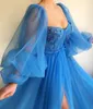 Sexy Blue Long Puffy Sleeve Tulle A Line Prom Dresses Sweetheart High Side Split Floor Length Formal Special Occasion Party Gowns Evening Dress Custom Made