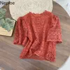 Neploe Mujeres Blusas Camisas de verano Manga de soplo Encaje Crochet Blusa floral Chic Hollow Out Tops elegantes Vintage Blusas Mujer 210422