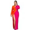 Schicke formale Abendkleider in Orange und Fuchsia für Frauen 2022, farblich abgestimmt, sexy, seitlich geteiltes V-Ausschnitt-Anzugkleid, lange Abschlussball-Party-Kleider, bodenlang, nach Maß