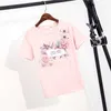 Women Summer O-Neck Short Sleeve Bird Letter print Beading 3D Flower Embroidery Cotton Tshirt 210529