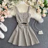 Sommer frauen Anzug Koreanische Retro Quadrat Kragen Plaid Hosenträger Kurze Top + Hohe Taille Rock Sets Dünne Weibliche DE004 210506