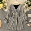 Autumn Fashion Sexy Women V Neck Long Lantern Sleeve Golden Glitter Elegant Ladies Christmas Party Dress Vestidos 210603