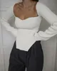 Wiosna Asymetryczny Biały Sweter Dzianiny Kobiety Sexy Długi Rękaw Bodycon Bluzka Czarne Damskie Podstawowe Knitwear Jumper Topy Swetry 210521