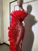 Women Singer Models Catwalk Dresses Red White Feather Pearl Crystals Transparent Mesh Halter Mermaid Long Dress Evening Party Prom Host Stage Performance Costume