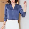 Spring Loose Long Sleeve Korean Silk Shirt Women V-neck Plus Size Satin Blouse Office Ladies Tops Blusas 10853 210512