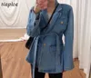 네 플로 가을 턴 다운 칼라 레이스 최대 슬림 허리 데님 코트 세련된 버튼 더블 포켓 재킷 여성 솔리드 컬러 간단한 탑 210423