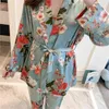 3PCS Women Pajamas Set Lady Emulation Silk Pyjama Sets Flower Sleepwear Female Leopard Satin Homewear With Removable Padded 211112