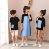 4 to 14 years kids & teenager girls summer denim jeans color block cotton casual flare black dress child three quarter dresses 211027