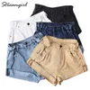 StreamGirl Denim Shorts Women's White Short Jeans Khaki Wide Leg Elastic Midja Vintage High Summer 210724