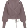 Neploe Turtleneck DrawString Puffスリーブニットセータースウィートルーズショルダーストラップレス女性トップス秋冬プルオーバー211109