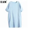[EAM] Women Blue Big Size Lace Midi Dress Round Neck Short Lantern Sleeve Loose Fit Fashion Spring Summer 1DD7481 21512
