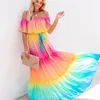 Bohème multicolore volanté épaule auto-ceinturée robe de soirée coton tunique femmes plus taille boho maxi robes robes A324 210331