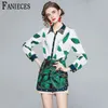 Summer Runway Two Pieces Short Suit High Quality Fashion Designer Vintage Print Long Sleeve Shirt And mini Skirt Set ropa mujer 210520