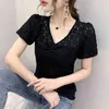 Fashion Summer Sexy V-neck Lace Women Short sleeve Slim Tshirt Tops Large size 210507