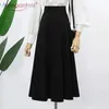 AELEGANTMIS Black ruffles Office Lady Длинные юбки Женщины линия твердой высокой талии Весна Элегантная корейская мода OL 210607