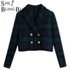 SheBlingBling Za Women's Two Piece Blazers Suits Plaid Cropped Jackets Set Female Coats Vintage Slim Outwear Crop Top Workwear 211019