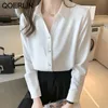 Camisa de satén de alta calidad para mujer suelta de manga larga temperamento OL formal botón de metal blanco moda gasa 210601