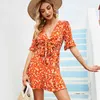 Blomstryck spets upp Sundress Casual Kvinnor Sommarstrand StyleDress Ruffled Vestidos de Mujer Fransk Vintage Mini Dress 210427