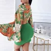 Seksi 2 Parça Kıyafetler Tam Kollu V Yaka Bandaj Kırpma Üst Mini Etek Çiçek Elbise Eşleştirme Set Moda Clubwear 210521