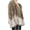 Gilet da donna Style Natural Raccoon Jacket Cappotto da donna in vera pelliccia lavorata a maglia W Hit Color Girocollo Warm Giacca Donna In Pelle Vera