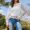 Summer Fashion Women Long Sleeve Lace Shirt Elegant Hollow Crochet Tulle Patchwork Party Blouse Sexy Top 210415