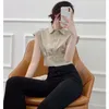 Yaz Haki Pamuk Kırpma Üst Kadın Moda Streetwear Kadın Yaka Gömlek Rahat Kolsuz Snap Düğmesi Bayanlar 210430 Tops