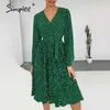 Sexy v-neck short party Lantern single breasted a-line mini Green ribbon ladies streetwear long sleeve dress 210414