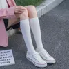 2 pares de meias femininas de algodão até o joelho, preto branco, cor sólida, moda casual, meias femininas, femininas, dança, sexy, meias longas Y1119