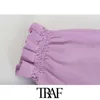 TRAF Women Fashion With Buttons Smocked Elastic Cropped Knitted Sweater Puff Sleeve Ruffled Female Pullovers Chic Tops 210415