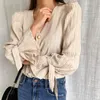 Décontracté taille haute plissé perles doux solide col en v manches bouffantes hauts bref chemises femme mode tout Match Blouses 210421