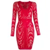 Summer Women Long Sleeve V Neck Rayon Bandage Club Dress Sexy Red Lace Mini Celebrity Evening Runway Party 210423