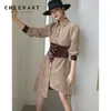 Corduroy Tunic Asymmetrical Brown Shirt Dress Women Long Sleeve Button Up Collar Corset Mini Designer Belt 210427
