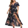 Summer Dress 2022 Plus Size Women's Fat Waist Printed Hem Slit Sundresses Dresses For Women Casual