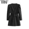 TRAF Women Vintage Stylish Office Lady Double Breasted With Belted Mini Dress Fashion V Neck Puff Sleeve Dresses Vestidos Mujer 210415