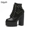 Gdgydh Fashion Black Boot Heel Spring Autumn Lace-up Soft Leather Platform Shoes Woman Party Ankle High Heels Punk 220121