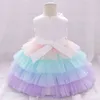 Baby Girls 1 Year Old Birthday Party Dress Rainbow Three-dimensional Petals Color Matching Mesh Cake Princess Sleeveless Dress G1129