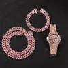 Collier glacé pour hommes, chaîne cubaine Miami, bijoux Hip Hop, or Rose, argent, diamant, montre, colliers, Bracelet, Set294T