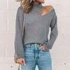 Sexy Off Shoulder Gray Sweaters Dames Mode Turtleneck Lange Mouw Holle Pullover Lente Herfst Slanke Breien Tops Vrouw 210522