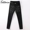 1Jeans med pärlor Faux Pearl Beading Black Jeans för kvinna Casual Pocket Skinny Pencil Jean Denim Pant Pantalon Femme 210514