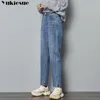 pojkvän rippad denim rak jeans kvinna elasticitet hög midja jeans kvinnor plus storlek mamma jeans blå lösa harem byxor 210519